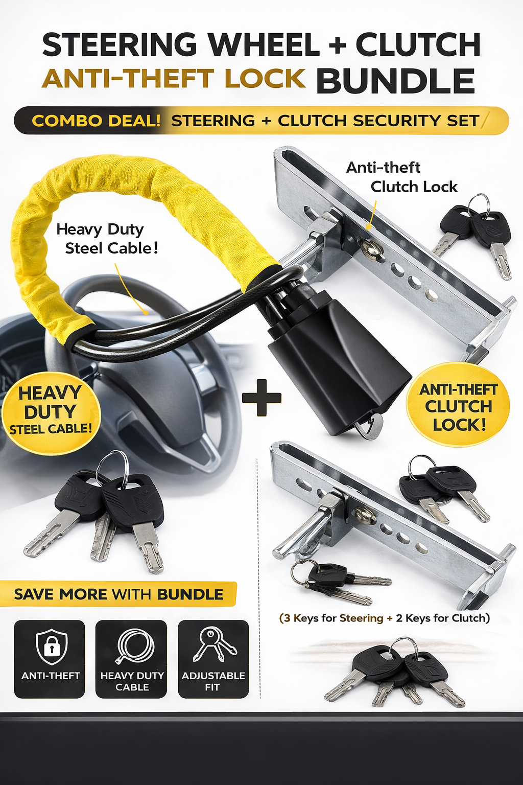 universal stainless pedal lock and seatbelt steering lock ( BUNDLE )